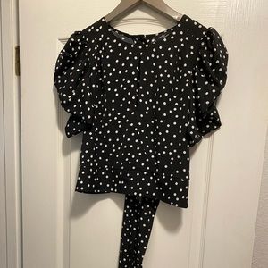 Black polka dot tie crop top puffy sleeves